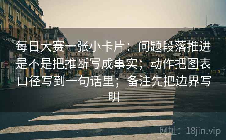 每日大赛一张小卡片：问题段落推进是不是把推断写成事实；动作把图表口径写到一句话里；备注先把边界写明